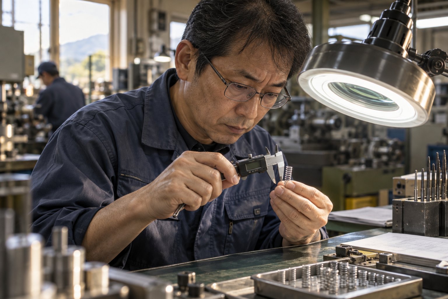 デジタルノギスで小さなばねを検査する技術者