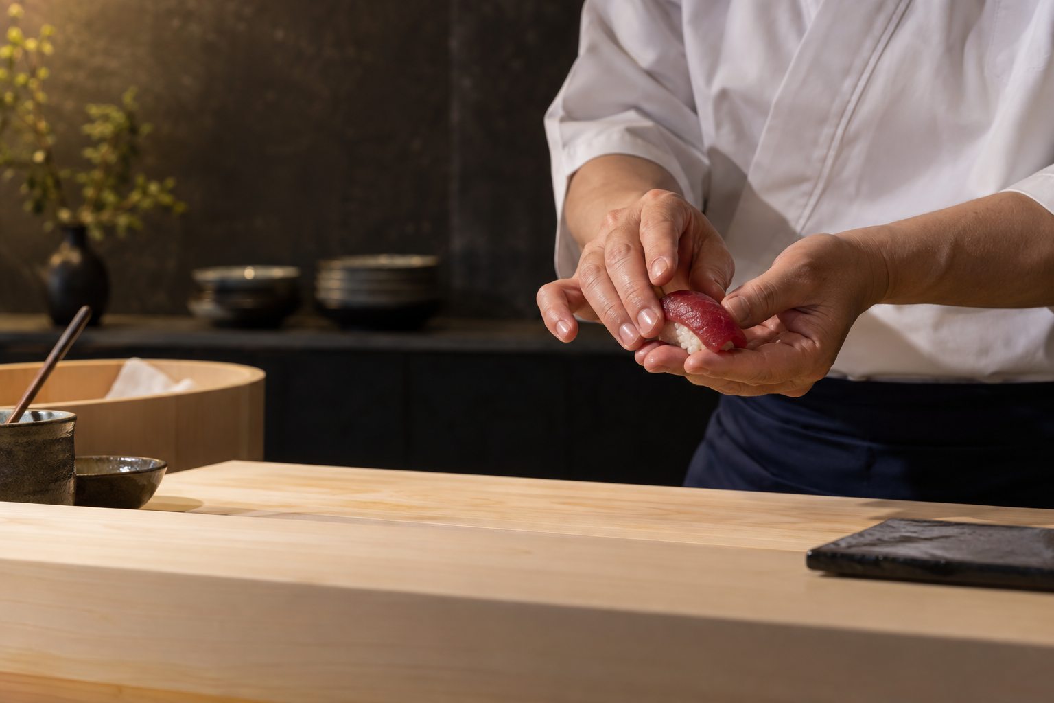 鮨職人が握りを仕上げる手元
