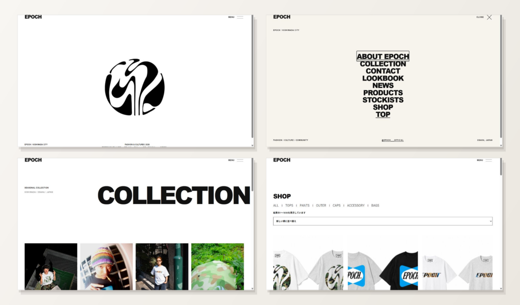 EPOCH公式サイト制作実績｜トップ・メニュー・コレクション・SHOPの4画面